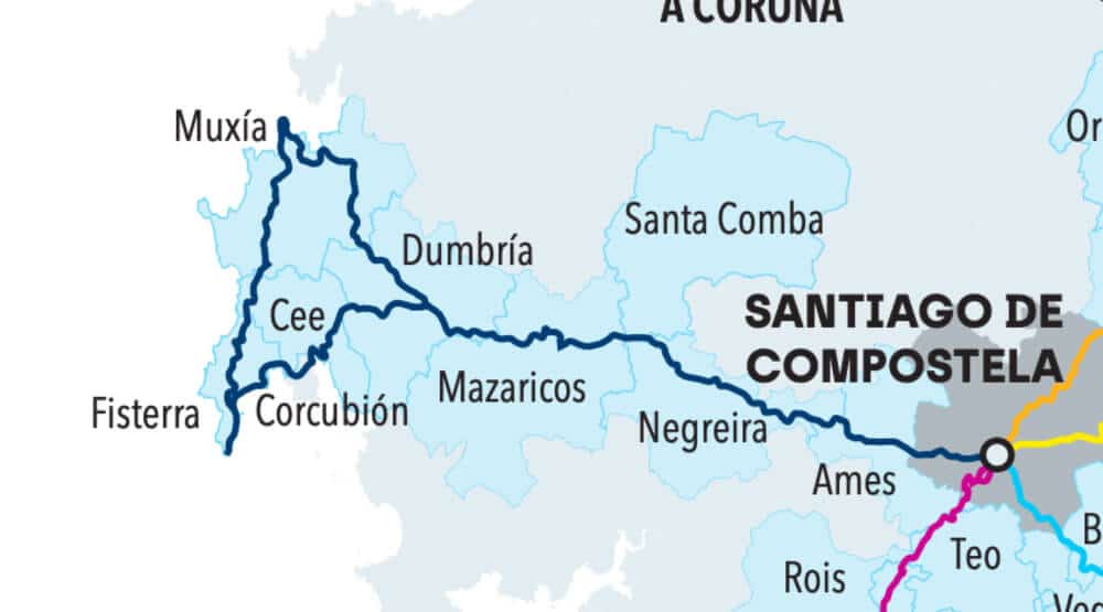 Mapa de ruta del Camino de Santiago a Fisterra y Muxía